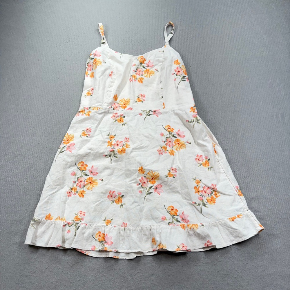 Old Navy Sun Dress Womens XL White Floral Linen Blend Smocked Ruffle Hem